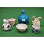 Group of Oriental ceramics to include: blue glazed bulbous vase, two jugs, bowl decorated with