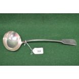 Large silver soup ladle having Fiddle pattern handle with monogram engraving, hallmarked London 1833