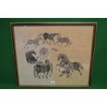 Oriental ink print of horses and handler, unsigned in glazed black and gilt frame - 26" x 22" Please