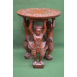 20th century hardwood carved occasional table having circular top raised by three Tibetan style