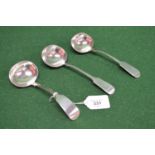 Three silver sauce ladles having Fiddle pattern handles, hallmarked for London 1841, 1840 and