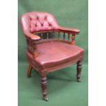 19th century walnut framed tub office desk chair having padded button back and padded arms supported