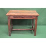 Rustic oak side table having three plank top over single drawer with knob handle, supported on