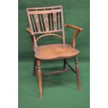 Country open elbow chair the back having pierced back slats and spindles over solid seat, standing
