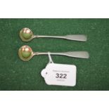Pair of Georgian silver mustard spoons having Fiddle pattern handles and gilt bowls (0.58ozt) Please
