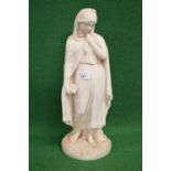 Parian ware figure of lady wearing hooded cape holding a book - 16.5" tall Please note