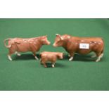 Three Beswick figures of possibly Devon bull, cow and calf Please note descriptions are not