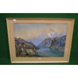 Unsigned watercolour of fishing boats on a lake with goats walking on the bank and mountains beyond,