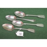 Three silver table spoons having Fiddle pattern handles, hallmarked for London 1812, 1845, 1893