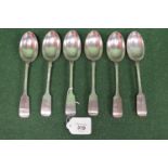 Set of six silver dessert spoons having Fiddle pattern handles with monogram engraving, hallmarked