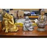 Late 20th century resin figure of a Resting Buddha in gilt finish - 16.25" tall together with two