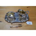 Wilkens .835 silver cream jug, salt and tray together with .800 silver sugar tongs (7.6ozt total)
