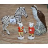 Group of Beswick figures to include: Zebra - 7.25" tall, liquor bottle in the form of an Osprey - 8"