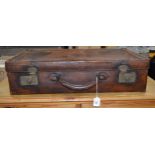 Tan leather suitcase stamped MMB to lid - 26" wide Please note descriptions are not condition