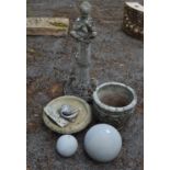 Statue of an Imp on column, planter, bird bath top, two orbs and a sea shell Please note