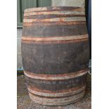 Oak barrel with metal banding - 39" tall Please note descriptions are not condition reports,