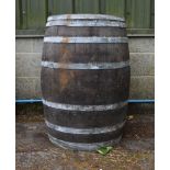 Oak barrel with metal banding - 37" tall Please note descriptions are not condition reports,