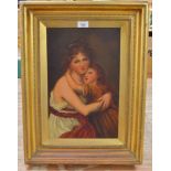 19th century unsigned oil on canvas portrait of two young ladies - 10.75" x 16.75" Please note