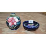 Moorcroft dish with Orchid design - 4.5" wide together with a Moorcroft vase with Hibiscus