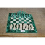 Malachite and stone chess set - board 11.75" square Please note descriptions are not condition