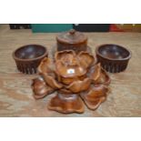 Wooden carved Lazy Susan and cover together with one other Lazy Susan in the form of a Lotus