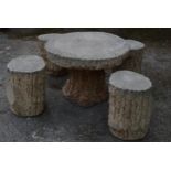 Weathered log effect garden table - 30" wide together with four matching stools - 16" tall Please