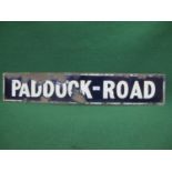 Old thick enamel street sign for Paddock Road, white letters on a royal blue ground - 38" x 7"