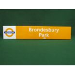 Enamel London Overground station sign for Brondesbury Park, white letters on an orange ground with