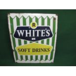 Enamel advertising sign for R Whites Soft Drinks, white and black letters on a blue, yellow, green