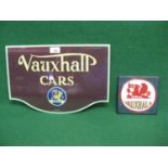 Modern, shaped aluminium sign for Vauxhall Cars featuring the Griffin. Cream, turquoise and blue