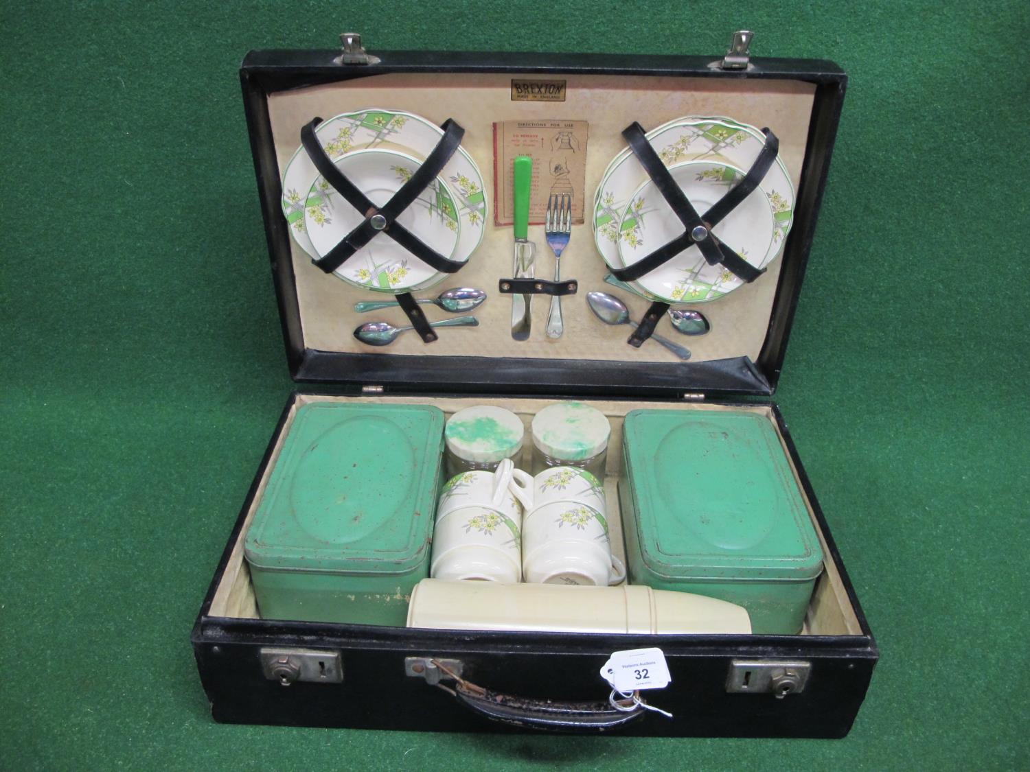 Brexton picnic case in black with china plates and cups, two tins, Thermos and cutlery Please note