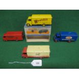 Four Dinky 514/918 Guy vans to comprise: Slumberland, Spratts, Ever Ready and Weetabix (with box),