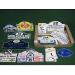 Quantity of plastic and metal Veteran Car Run entry number plaques from around the country, Ireland,