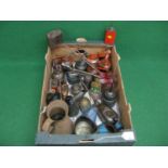 Box of approx twenty three oil cans and pourers from: Kayes, Castrol, Shell, Braimes, Draper,