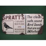 Enamel advertising sign for Spratt's Canary Mixture & Budgerigar Mixture. The Clean, Safe, Sound