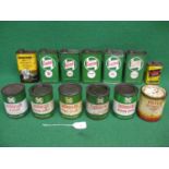 Six different one pint oil tins from Castrol and Armstrong, a half pint Lockheed tin and six 1lb