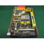 Box of diecast loose and boxed military vehicles from Dinky, Lone-Star, Britains and Matchbox to