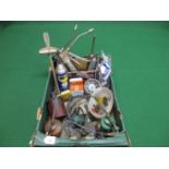 Box of oil cans, grease guns, Smith rev counter, simple torque wrench, fuel pump etc Please note