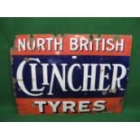 Enamel advertising sign for North British Clincher Tyres, white letters on a red and blue ground -