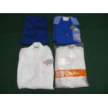 Two white cotton twill boiler suits sizes WX and 44 together with a blue nylon work coat size 38 L40