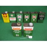 Six x one quart oil tins from Castrol, Girling and Shell together with two x 1 litre tins for