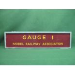 Large bespoke wooden hanging sign for the Gauge 1 Model Railway Association, shaded gold letters