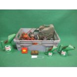 Crate of oil cans and pourers together with a five litre fuel can and a Carbourundum paste tin
