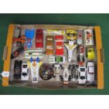 Box of loose Corgi diecast vehicles to include: Batmobile, trailer, boat and helicopter, Buck Rogers