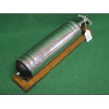 Pyrene chromed fire extinguisher with metal mounting bracket, mounted on wooden plinth - 14" (