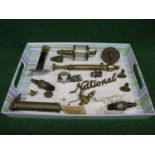 Tray of veteran and vintage mainly brass car parts to include: Vauxhall on/off dashboard switch,