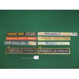Eight tin shelf front etc strips for: Piccadilly, Sunlight Soap, Lux, Lifebuoy, Abdulla