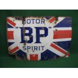 Large enamel advertising sign for BP Motor Spirit, blue letters on a white ground within the Union