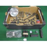 Box of mostly BSA motorcycle parts to include: M21-23 sprocket, side stand, foot peg rubbers,