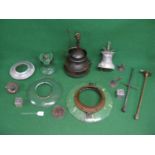 Crate of assorted Sugg gas lamp parts to include: three bodies, green 11" and 14" dia enamelled